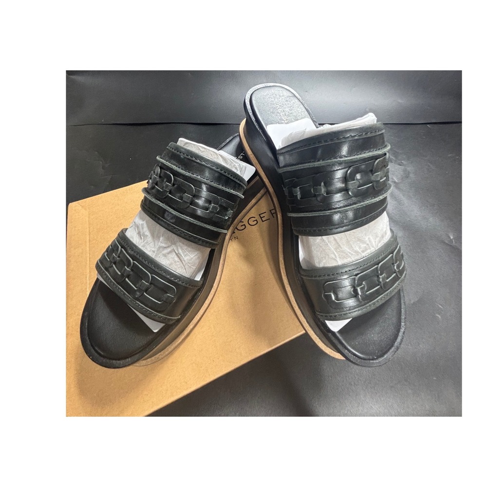 Kelsi Dagger Brooklyn Drift Salt Black Leather Platform Slide Sandals 8.5